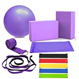 DALV 11 Pieces Yoga Set Beginner Equipment, Fitness Yoga Ball (10 inch) Yoga Blocks 9×6×4 inches, Stretch Strap Resistance Loop Bands (5-40LBS) Exercise Yoga Cotton Strap Kit